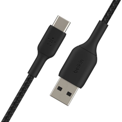 Belkin BoostCharge Braided USB-C to USB-A Cable 1M (CAB002bt1MBK) in black, designed for fast charging and reliable data transfer.