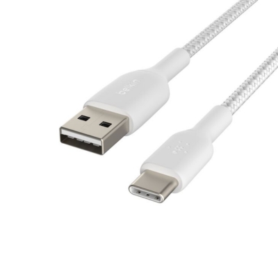 Belkin BoostCharge Braided USB-C to USB-A Cable 1M (CAB002bt1MWH) in white, designed for fast charging and reliable data transfer.