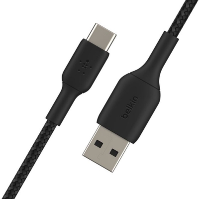 Belkin BoostCharge Braided USB-C to USB-A Cable 2M (CAB002bt2MBK) in black, designed for fast charging and reliable data transfer.