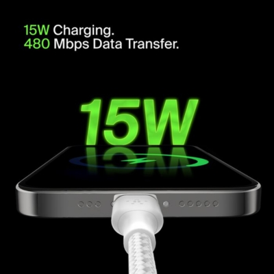 Belkin CAB002bt2MWH braided cable offering USB-C to USB-A connectivity with reinforced design for daily use and long-lasting performance.