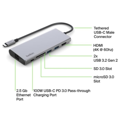 Belkin USB-C to Ethernet adapter with 60W Power Delivery pass-through charging, designed for wired internet connection and simultaneous device charging.