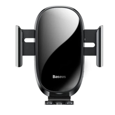 Close-up of Baseus Smart Car Mount Phone Holder, sleek black design with adjustable arms to fit most mobile devices in cars.