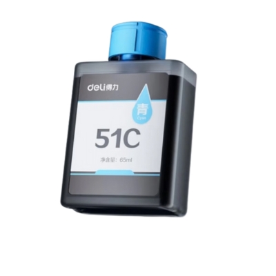 DELI 511C cyan ink bottle 65ml for refilling compatible inkjet printers with vibrant cyan color.