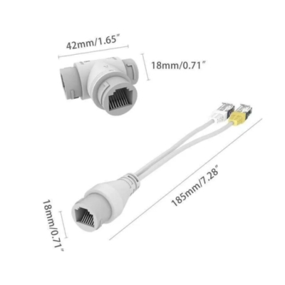 GNT-5313AB 2-1-2 PoE divider allowing two IP cameras to run through a single Ethernet cable with shared power and data.