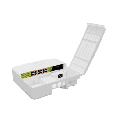 Industrial-grade Genata GNT-P1012G6-F waterproof PoE switch featuring 8 gigabit PoE ports and 2+2 uplink ports.