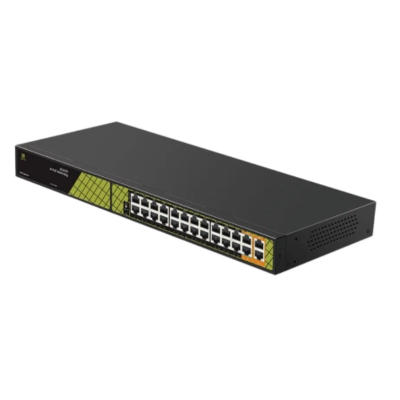 High-performance Genata PoE switch GNT-P1026G6 features 24 PoE ports and 2 uplink ports for seamless network integration and efficient device management.