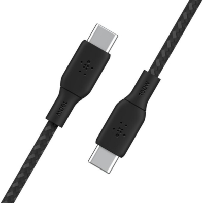 3-meter Belkin BoostCharge braided USB-C cable in black, designed for high-speed charging up to 100W and reliable data syncing between USB-C devices.