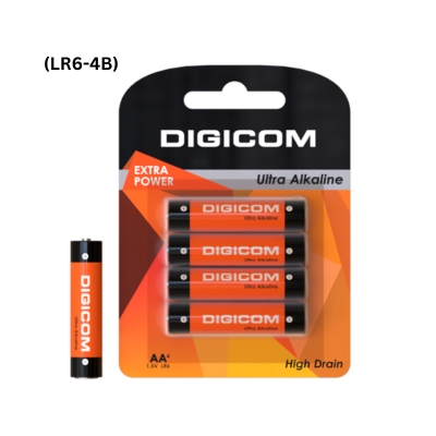 Digicom LR6-4B AA alkaline batteries, 4-pack, suitable for powering remote controls, toys, and household electronics