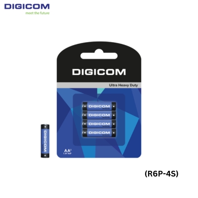 Digicom R6P-4S heavy duty AA batteries, 4-pack shrink-wrapped, suitable for powering remote controls, toys, and household electronics.