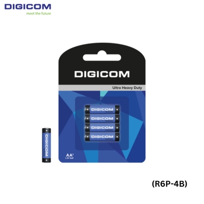 Digicom AA heavy duty battery 4-pack (R6P-4B) for use in clocks, remotes, and other small electronic devices.