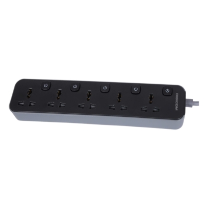 Digicom DG-M565 power strip with five sockets and a 2-meter power cable designed for connecting multiple electronic devices at once.