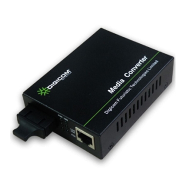 Digicom DG-8110SB-11-20A/B single mode media converter supporting up to 20KM fiber transmission for network connections.