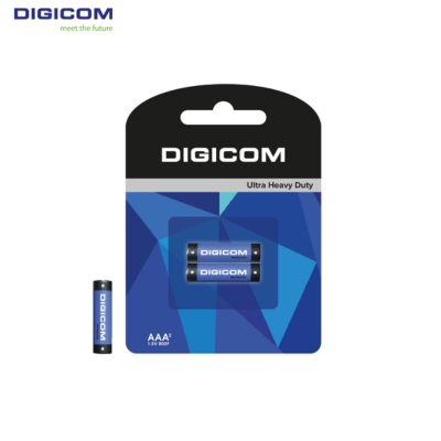 Digicom R03P-2B heavy duty AAA batteries, 2-pack, suitable for powering remote controls, clocks, and small electronics.