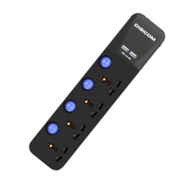 Digicom DG-S40 multi-socket surge protector featuring four outlets and USB ports for charging smartphones, tablets, and electronics.