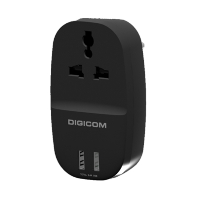 Digicom DG-T12U travel adapter with two USB ports for charging smartphones, tablets, and other devices while traveling.