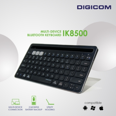 Digicom Bluetooth multi-device keyboard (DG-IK8500) compatible with PCs, tablets, and smartphones for flexible workspace use.